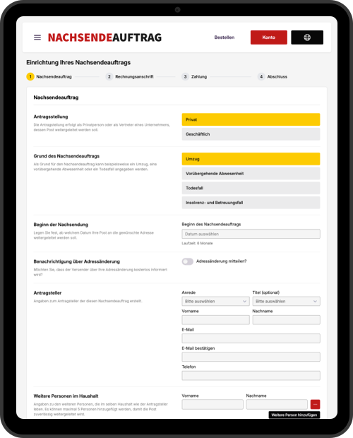 Vorschau des Bestellformulars für einen Nachsendeauftrag